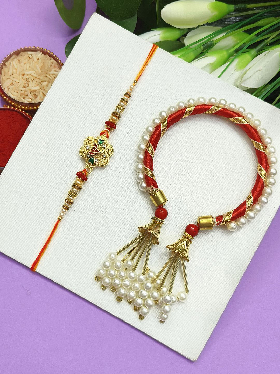 

StileAdda Bhaiya Bhabhi Stones Studded & Beaded Thread Rakhi, Gold