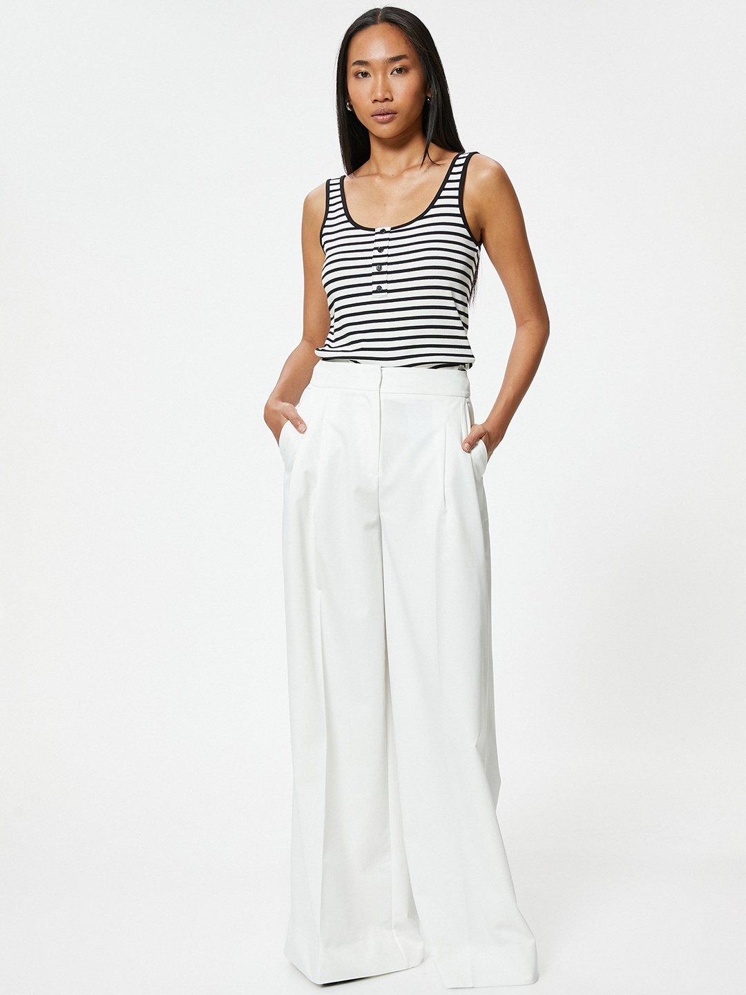 

Koton Women Horizontal Striped Scoop Neck Polyester Top, Black