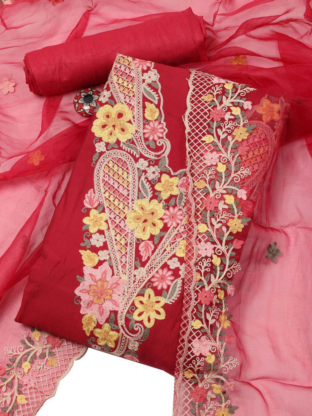 

Meena Bazaar Floral Embroidered Chanderi Unstitched Dress Material, Maroon