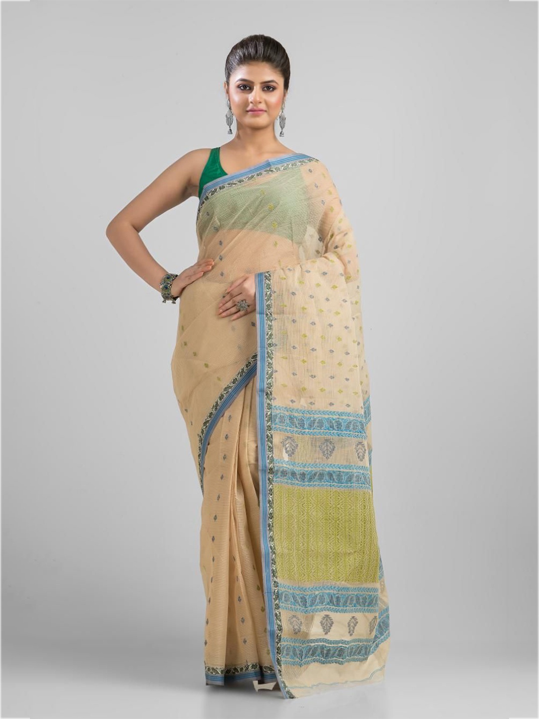 

SAJASAJO Woven Design Ethnic Motifs Pure Cotton Saree, Beige