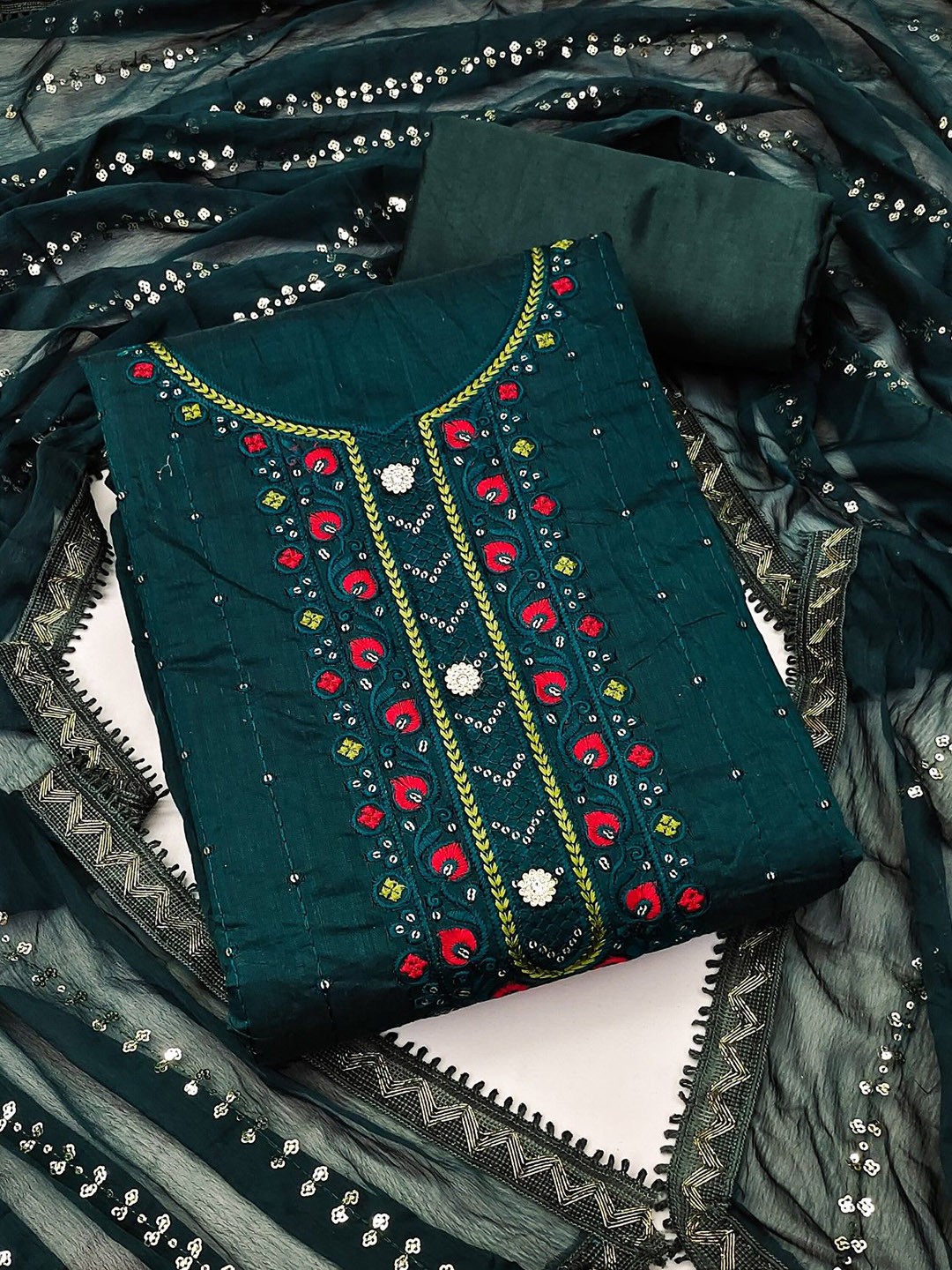 

LeeliPeeri Designer Floral Embroidered Sequinned Chanderi Cotton Unstitched Dress Material, Teal
