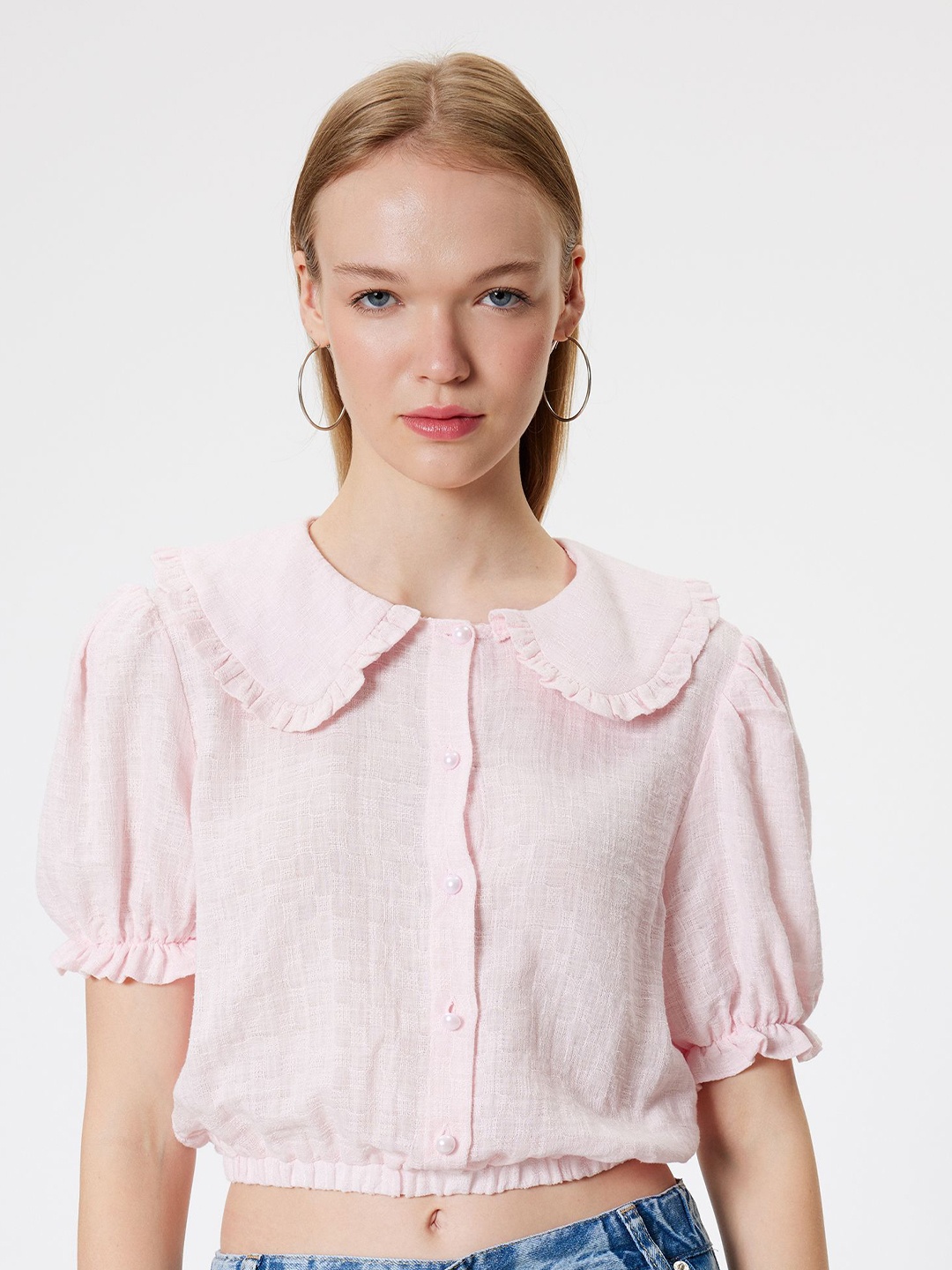 

Koton Women Solid Peter Pan Collar Cotton Top, Pink