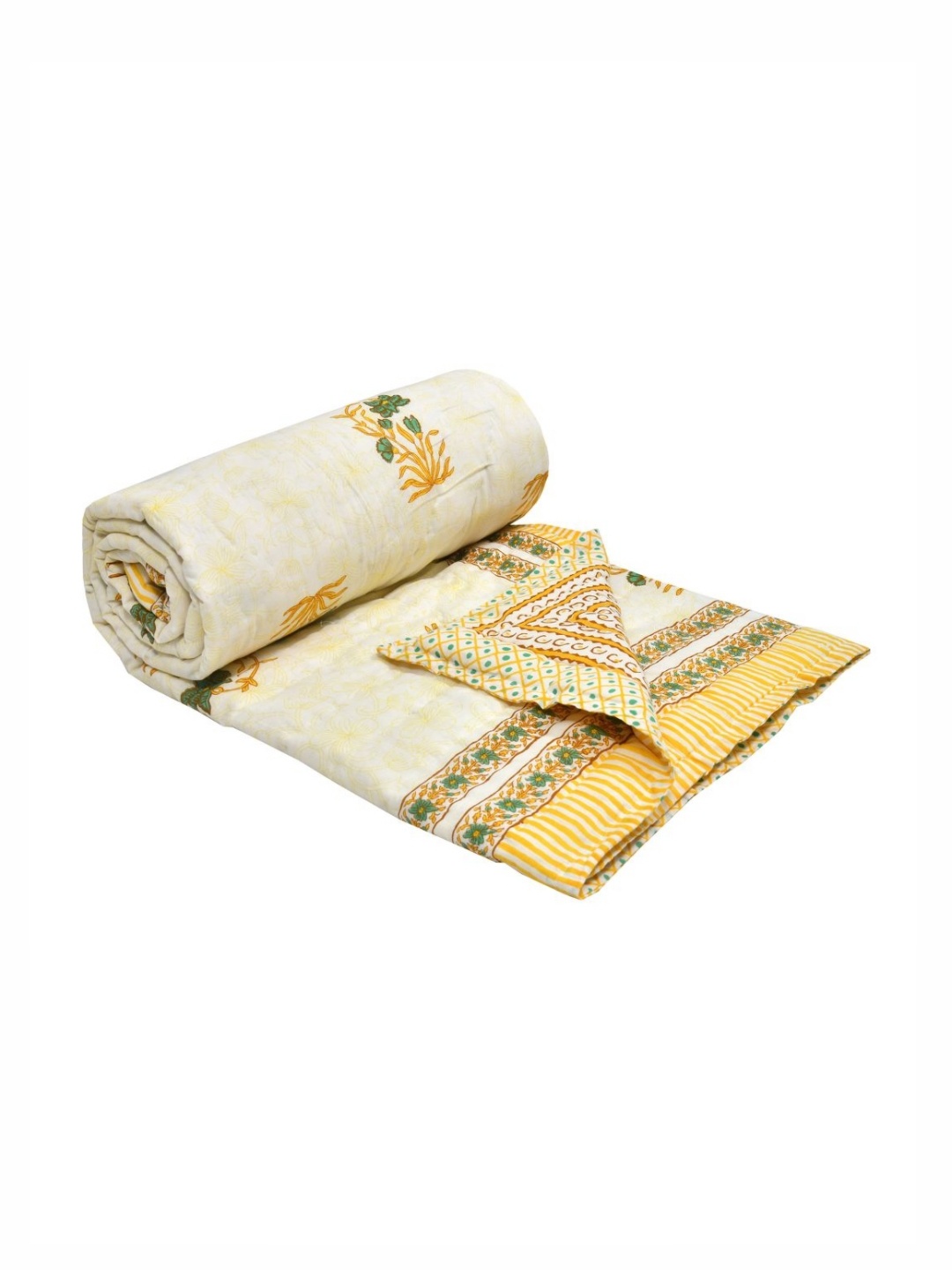 

BLOCKS OF INDIA Mustard & White Ethnic Motifs Mild Winter 350 GSM Single Bed Quilt