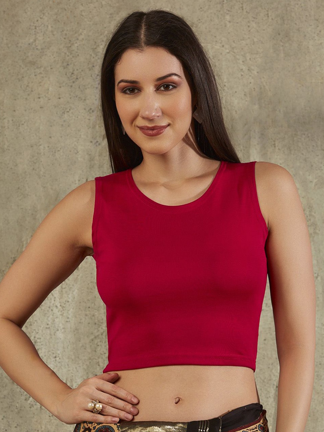 

Mmore Cotton Round-Neck Sleeveless Saree Blouse, Red