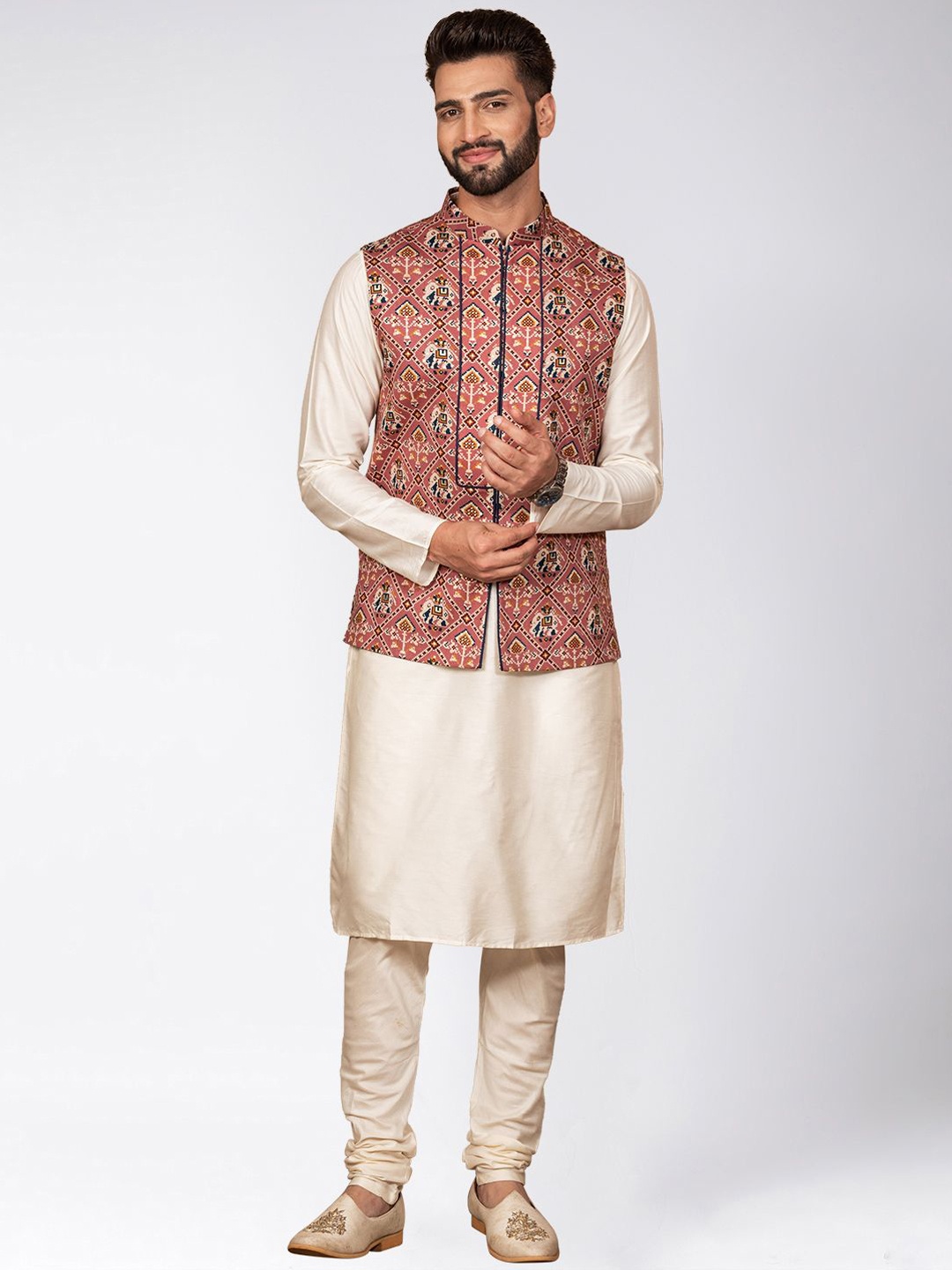 

Anouk Pink Mandarin Collar Straight Kurta with Churidar & Printed Nehru jacket