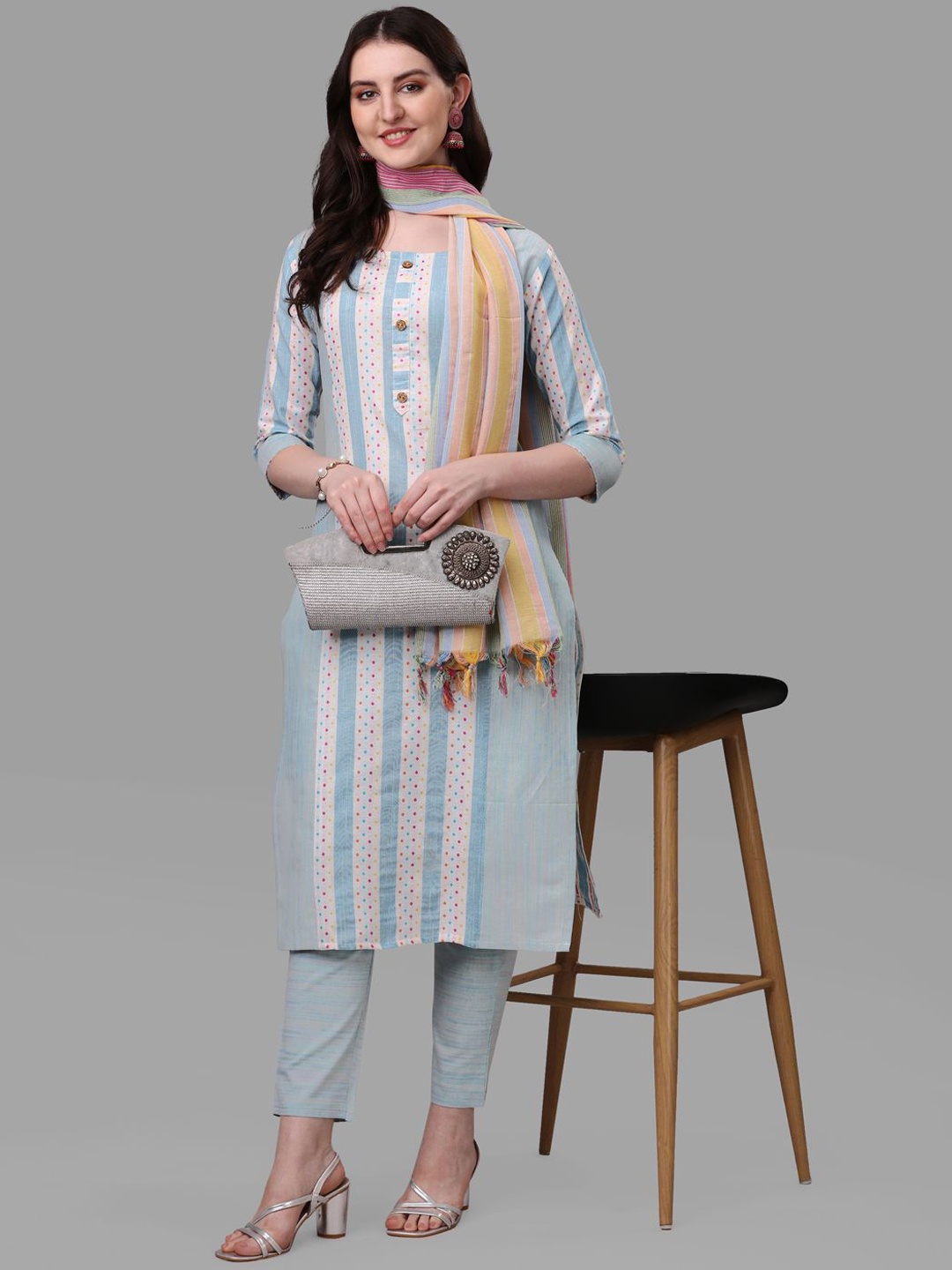 

Growdamy Women Striped Regular Pure Cotton Kurta with Trousers & With Dupatta, Blue