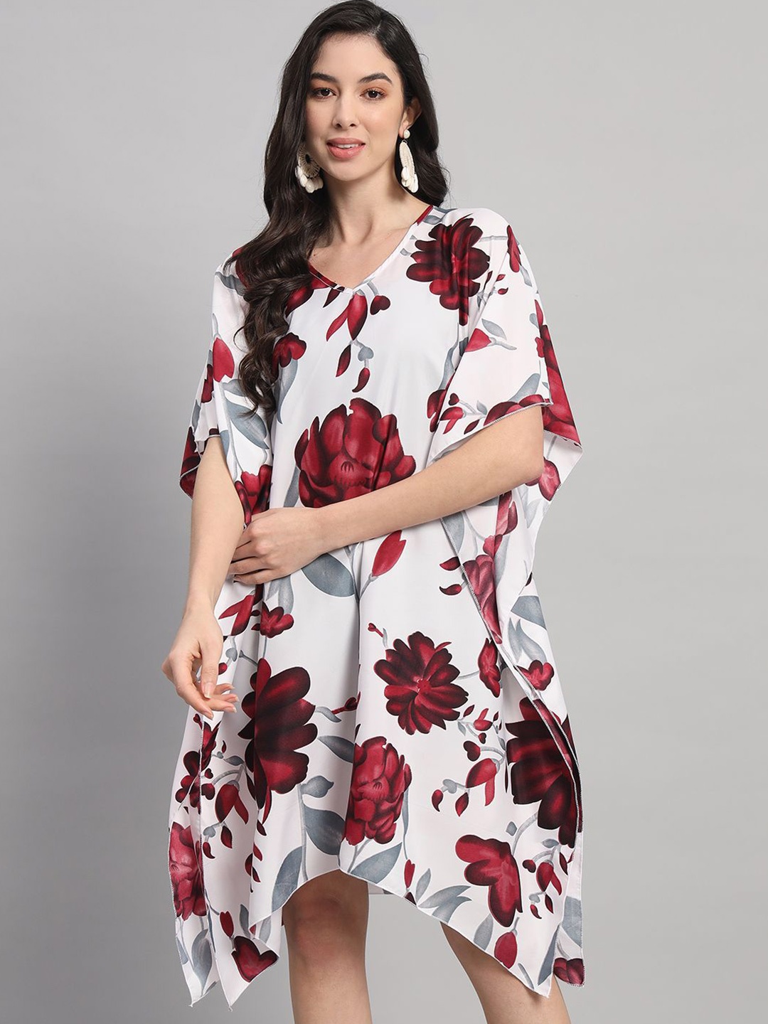 

Curvydrobe Floral Printed V-Neck Kaftan Dress, White