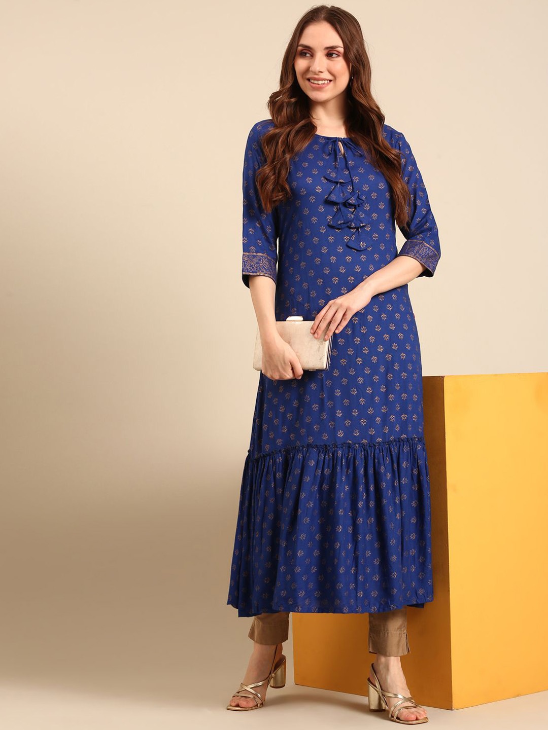 

Anouk Ethnic Motifs Woven Design Keyhole Neck A-Line Kurta, Navy blue