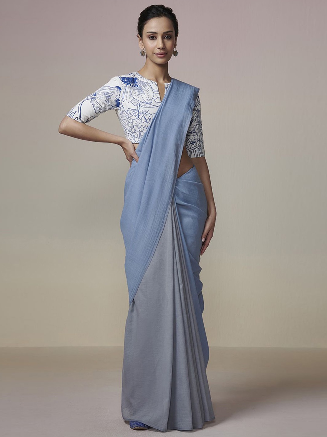 

DRESSFOLK Handloom Cotton Grey and Ink Blue Saree