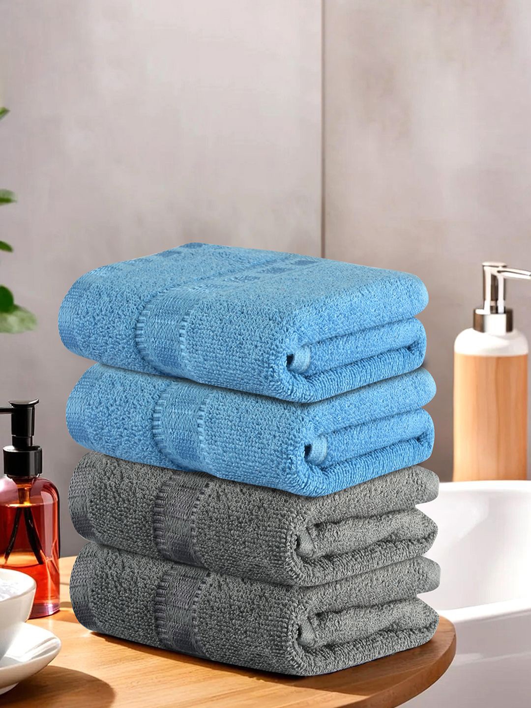 

Kuber Industries Grey & Blue 4 Pieces Cotton Highly Absorbent 225 GSM Face Towels