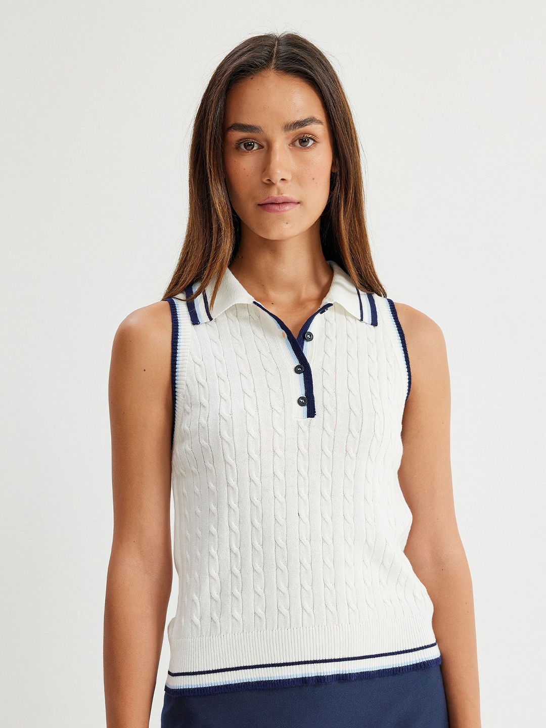 

Koton Women Self Design Shirt Collar Cotton Top, White