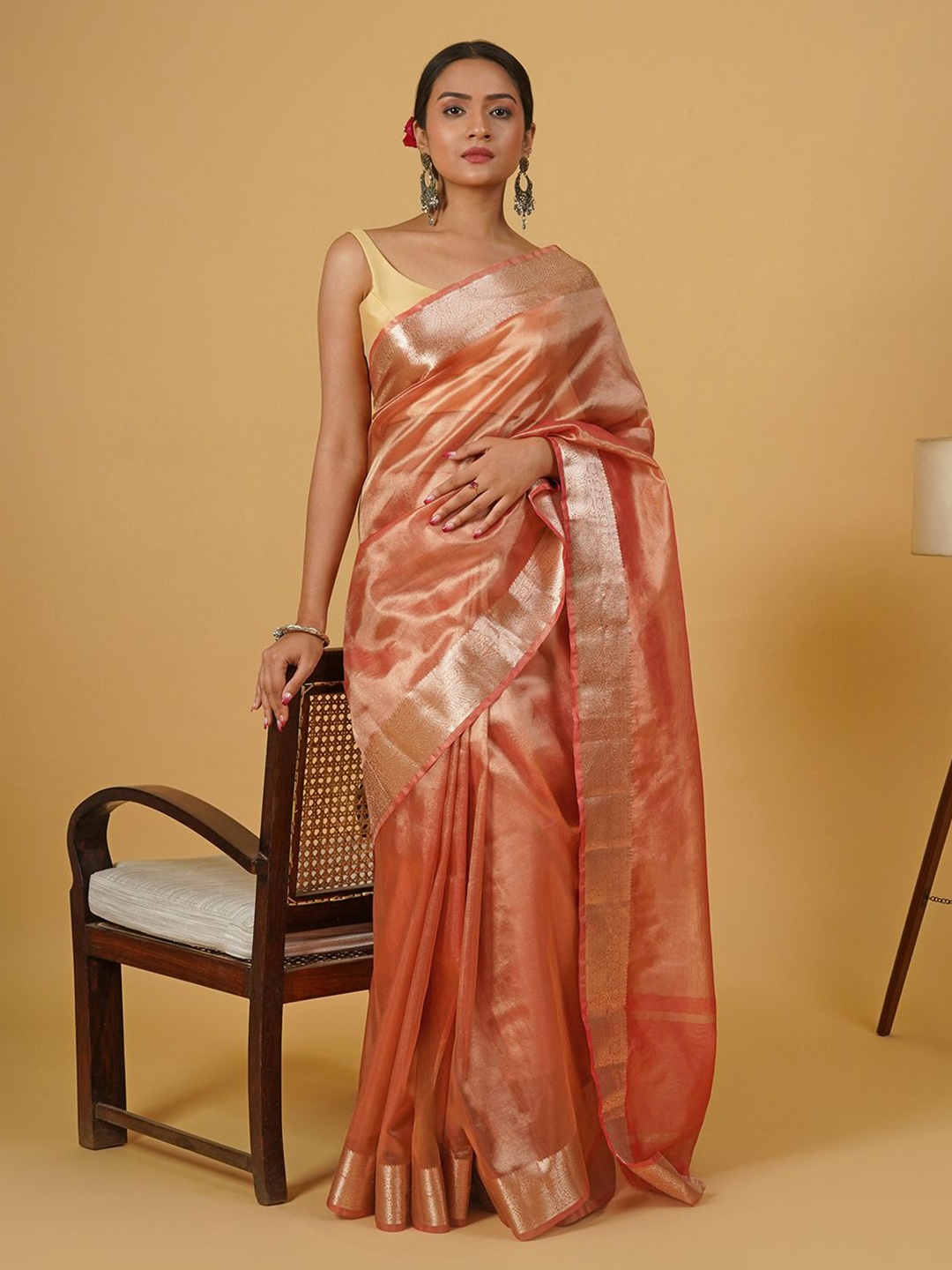 

TEEJH Zari Tissue Banarasi Saree, Coral