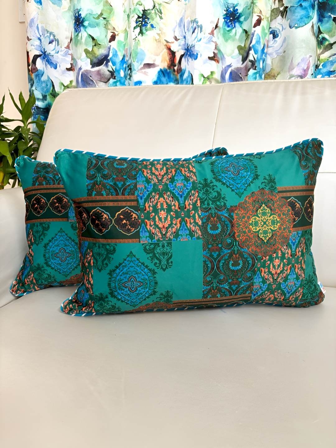 

TARA- Sparkling Homes Blue & Red Set of 2 Ethnic Motifs Velvet Rectangle Cushion Covers