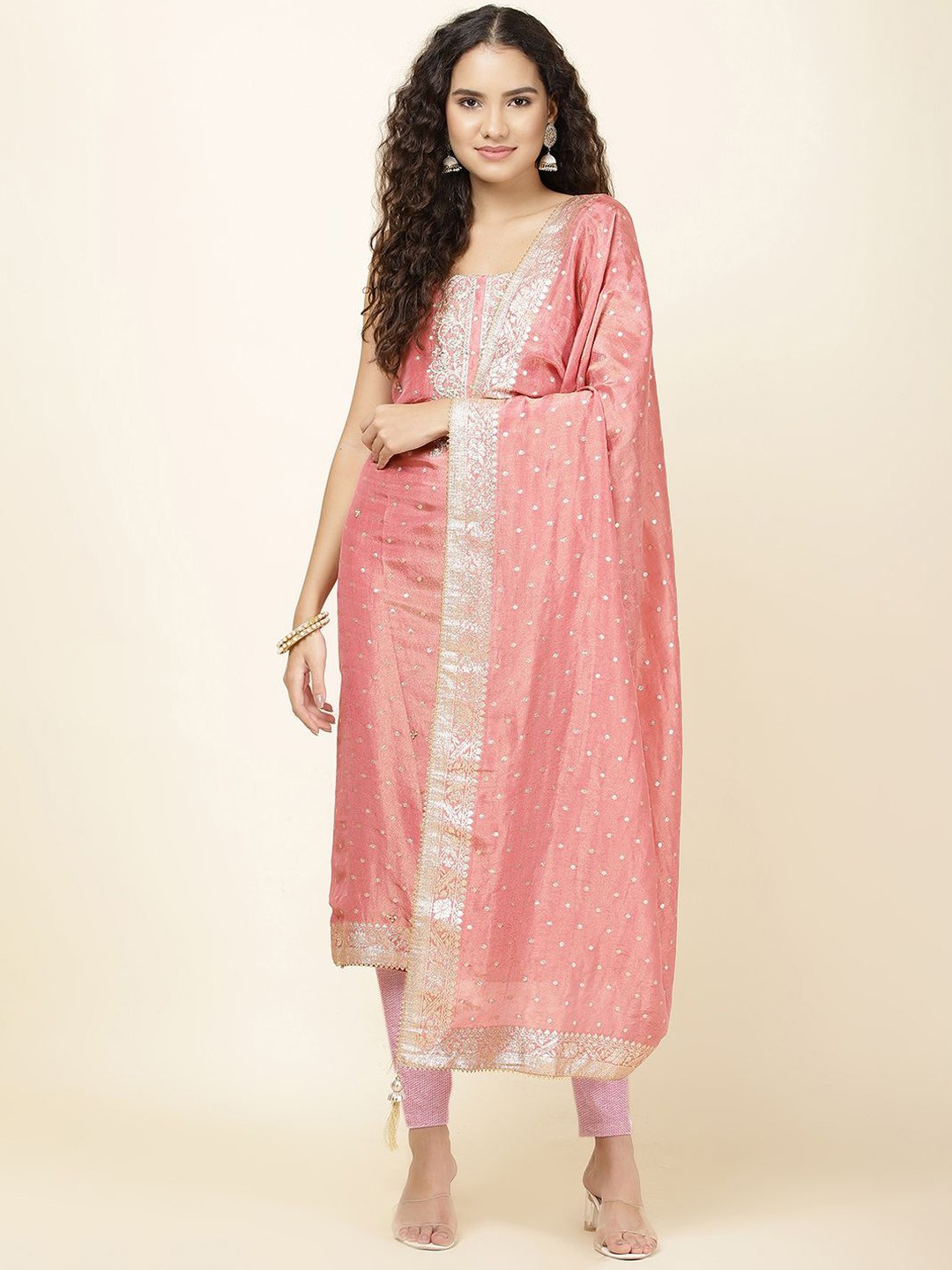 

Meena Bazaar Geometric Woven Design Sequinned Unstitched Dress Material, Pink