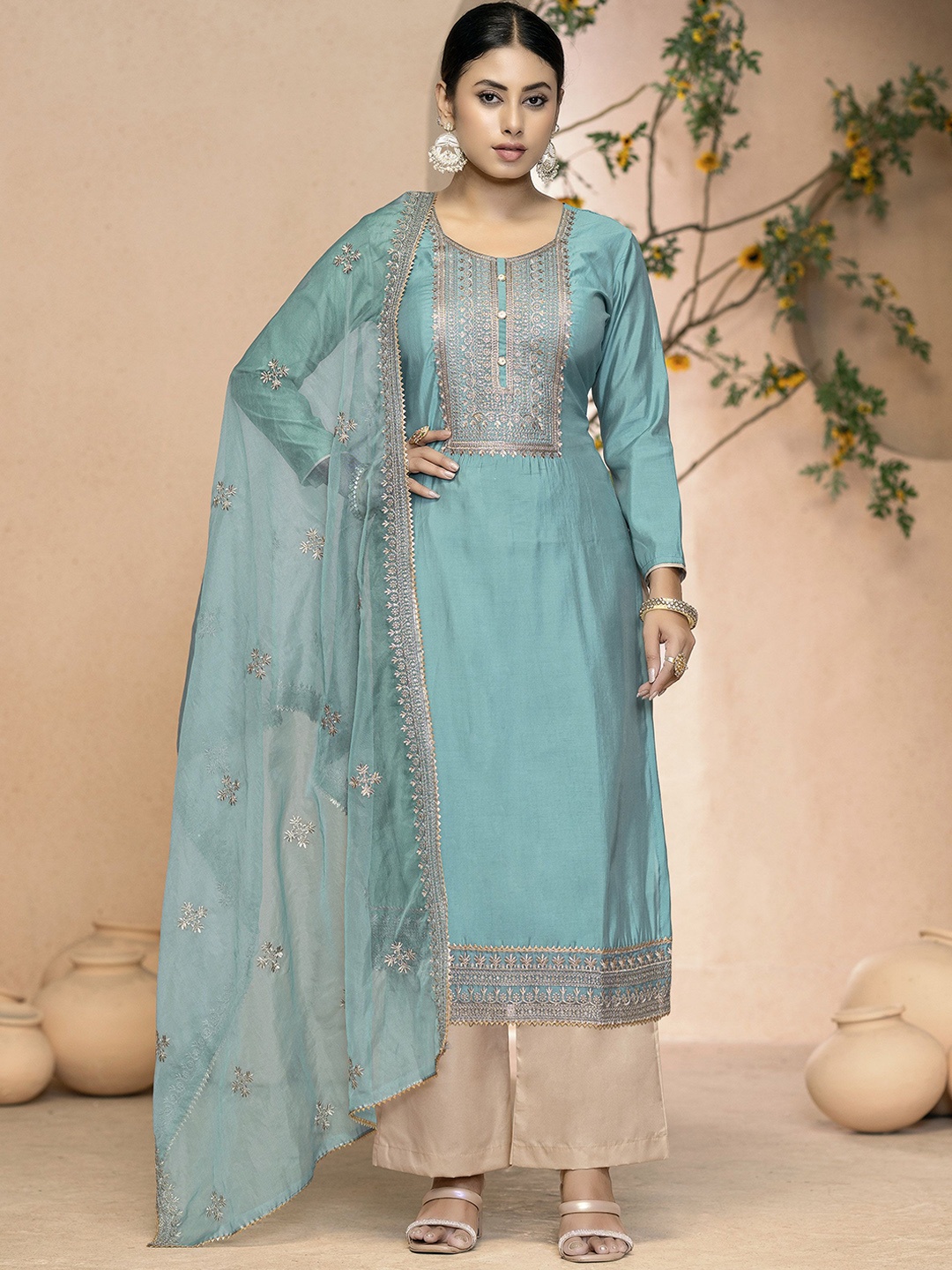 

MANVAA Embroidered Zari Work Unstitched Dress Material, Sea green