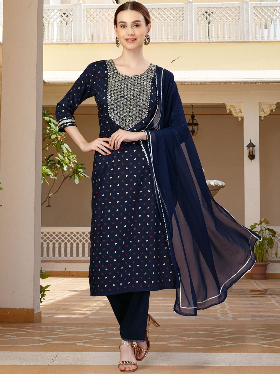 

MAGMINA Printed Sequinned Straight Kurta with Trousers & With Dupatta, Navy blue