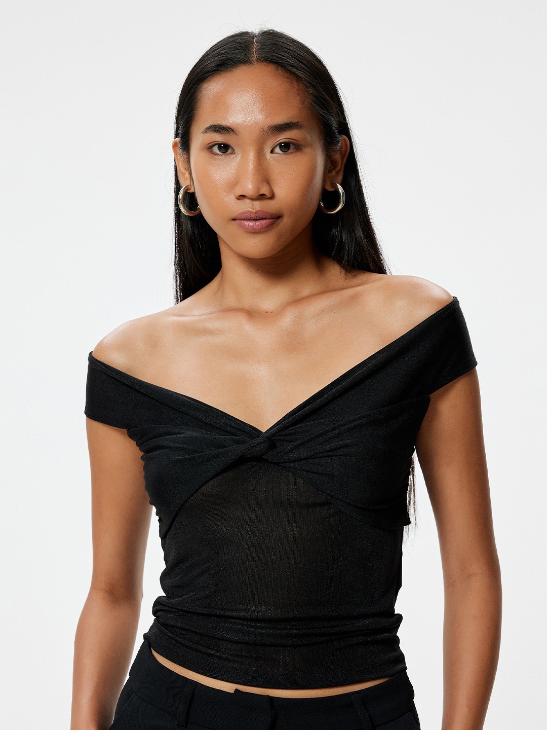 

Koton Women Solid Off-Shoulder Polyester Top, Black