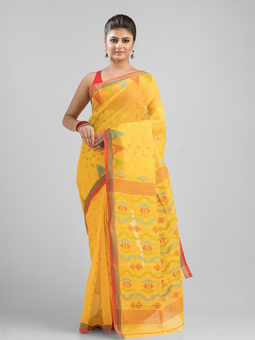 

SAJASAJO Ethnic Motifs Pure Cotton Fusion Saree, Yellow