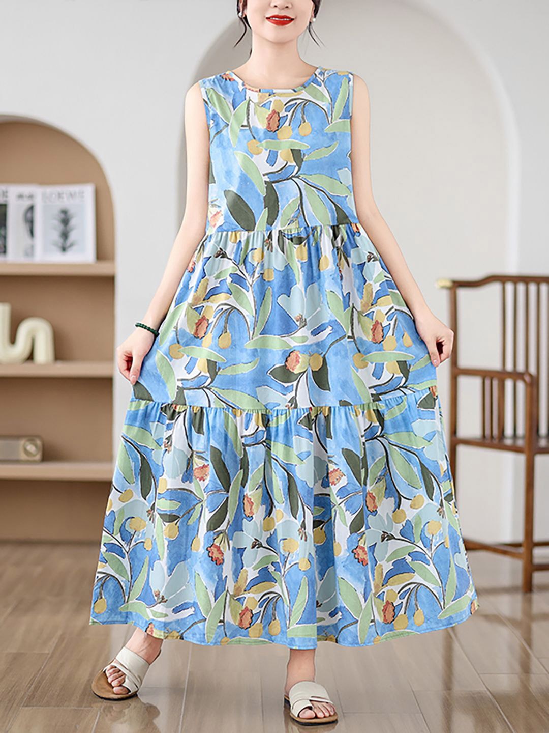 

JC Mode Tropical Printed Sleeveless Tiered Fit & Flare Maxi Dress, Blue