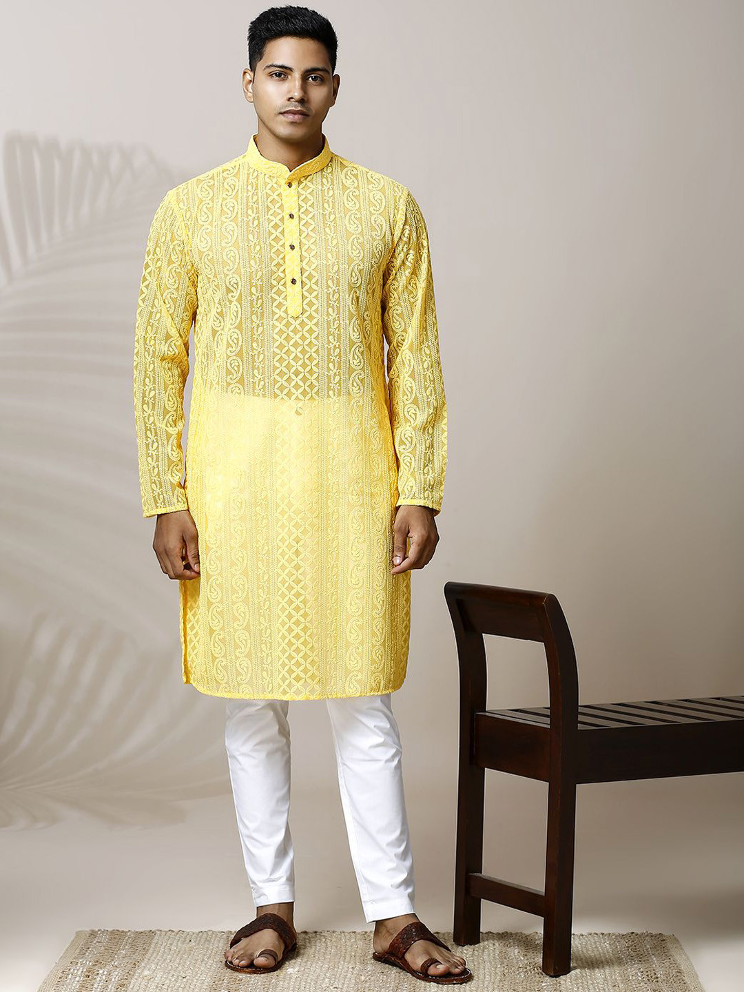 

Be Desi Paisley Embroidered Thread Work Semi Sheer Straight Kurta with Pyjamas, Yellow