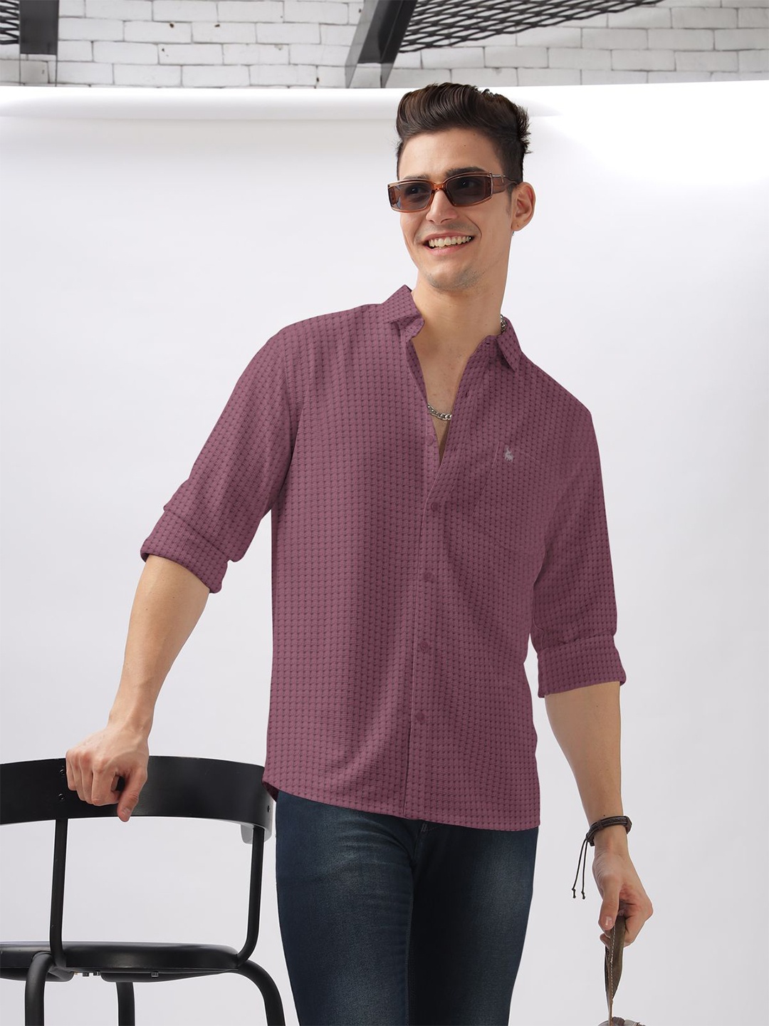 

BULLMER Men Spread Collar Self Design Cotton Casual Shirt, Purple