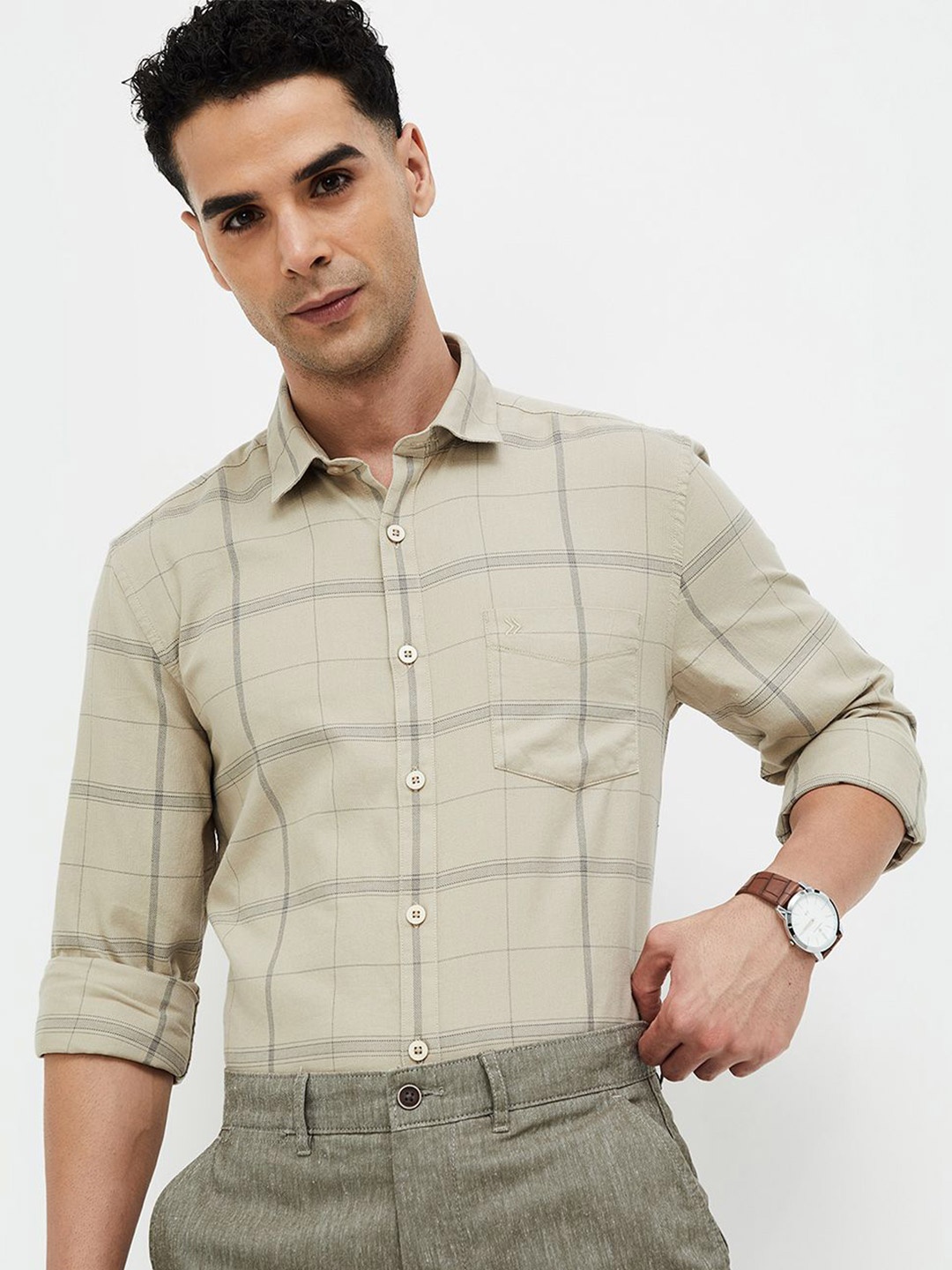 

CODE by Lifestyle Men Spread Collar Checked Slim Fit Casual Shirt, Beige