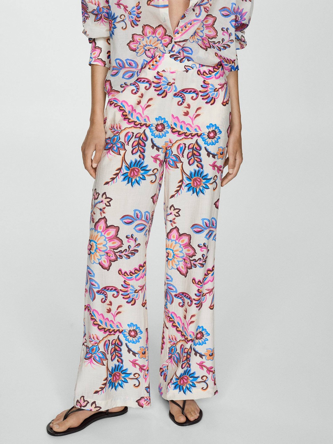 

MANGO Women Floral Printed Trousers, White