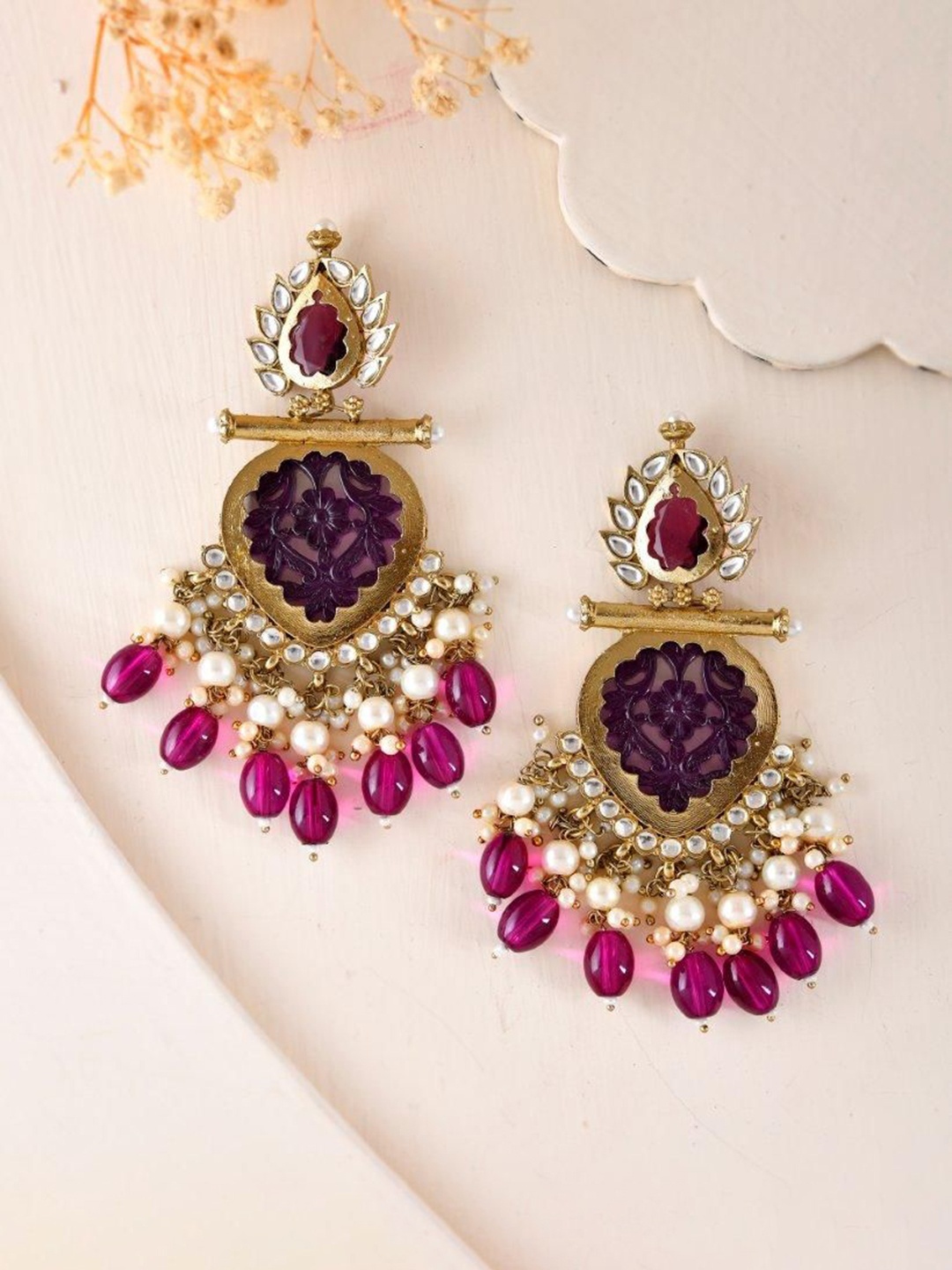 

VOJ Stainless Steel Gold Plated Stones Studded & Beaded Statement Chandbalis