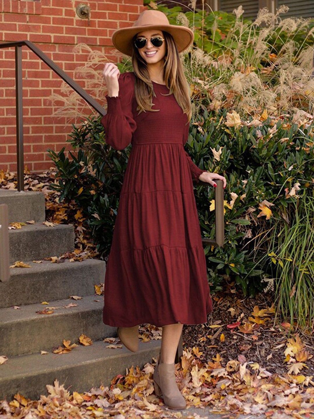 

StyleCast Cuffed Sleeve Tiered Fit & Flare Midi Dress, Burgundy