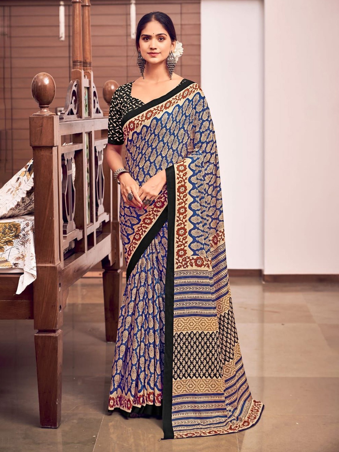 

Suha Printed Pure Cotton Saree, Blue
