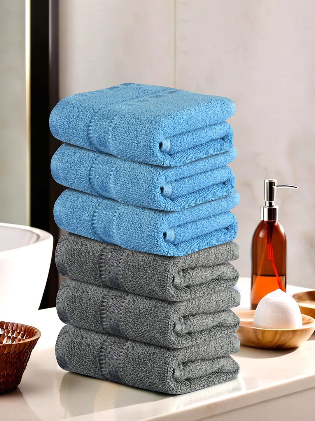 

Kuber Industries Blue & Grey 6 Pieces Cotton 225 GSM Anti Bacterial Face Towels