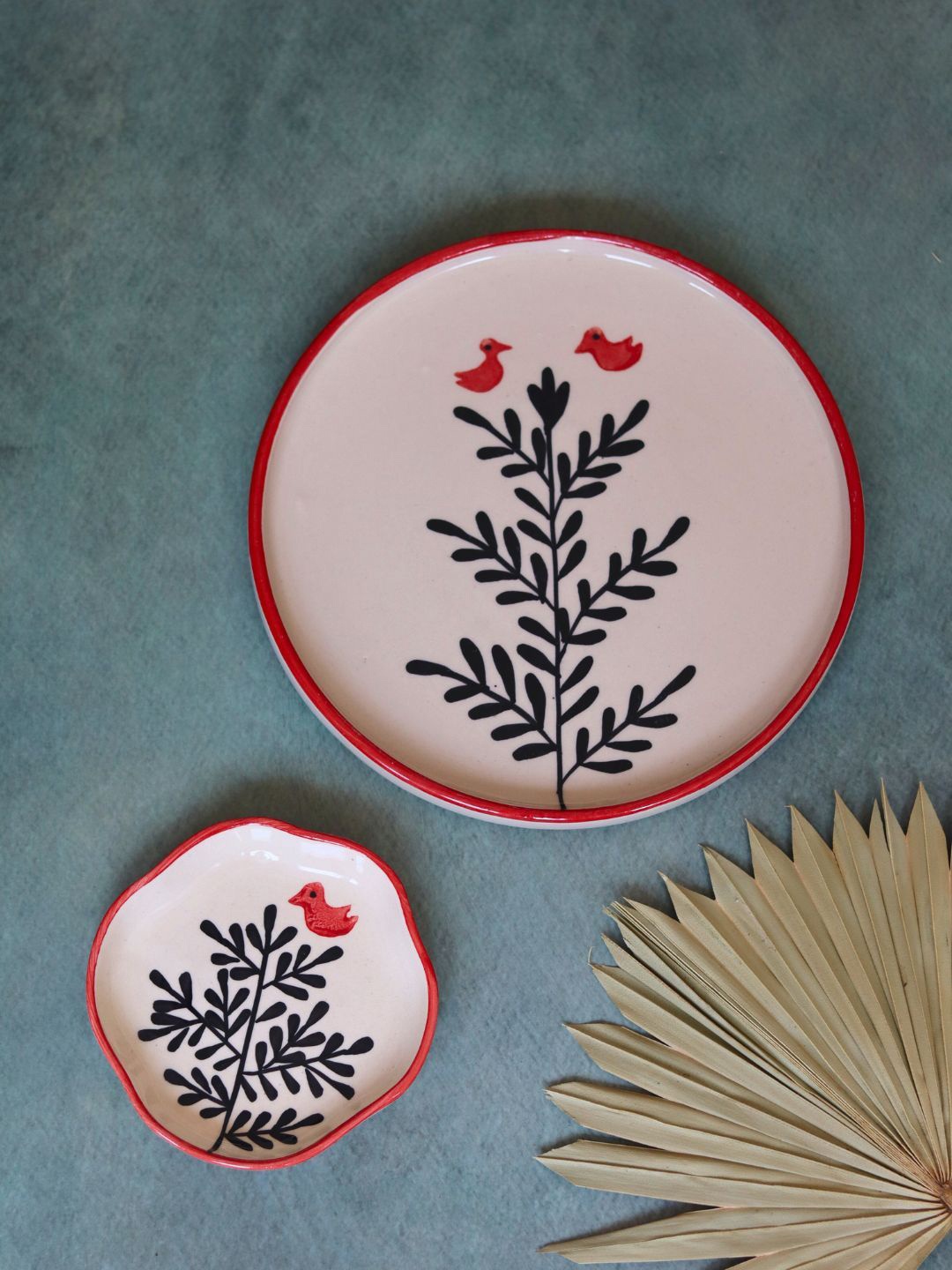 

WEAVING HOMES Red & White 2 Pieces Printed Ceramic Food Platter