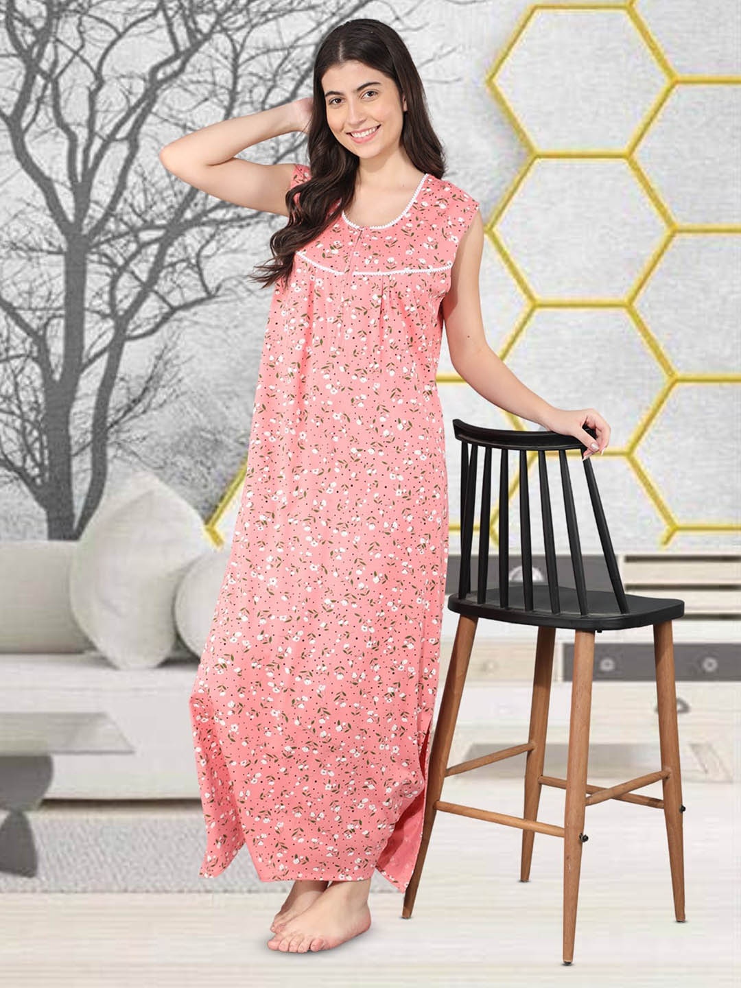 

Noty Women Printed Sleeveless Maxi Nightdress, Pink