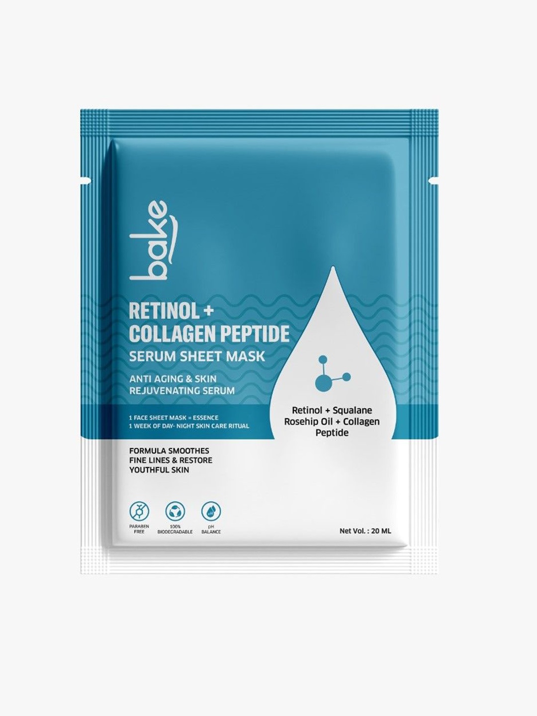 

BAKE Retinol + Collagen Peptide Rejuvenation Serum Sheet Mask For Anti Aging - 20ml, Blue