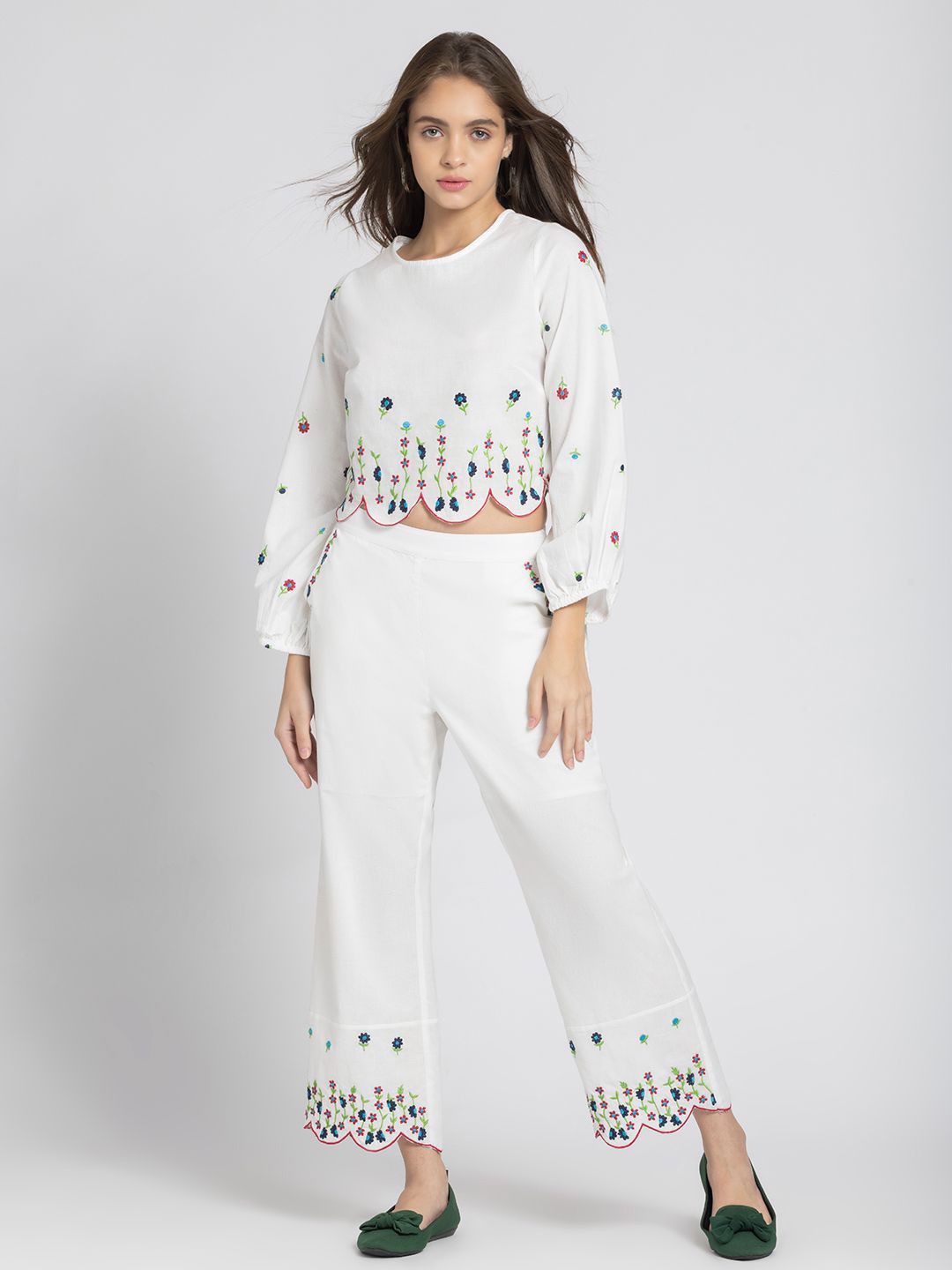 

SHAYE Floral Embroidered Pure Cotton Top With Trouser, White