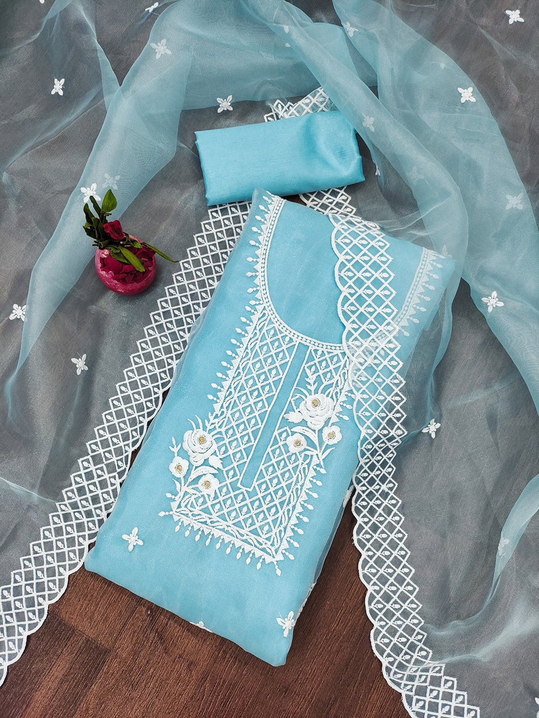 

LeeliPeeri Designer Floral Embroidered Unstitched Dress Material, Blue
