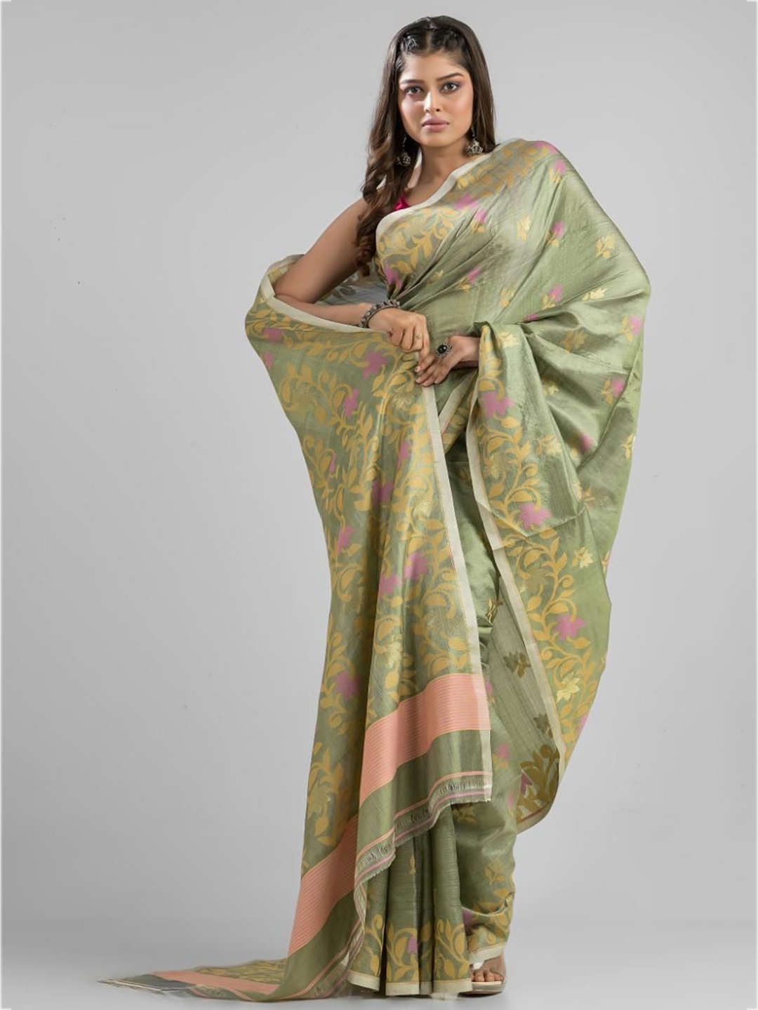 

SAJASAJO Ethnic Motifs Pure Silk Saree, Green