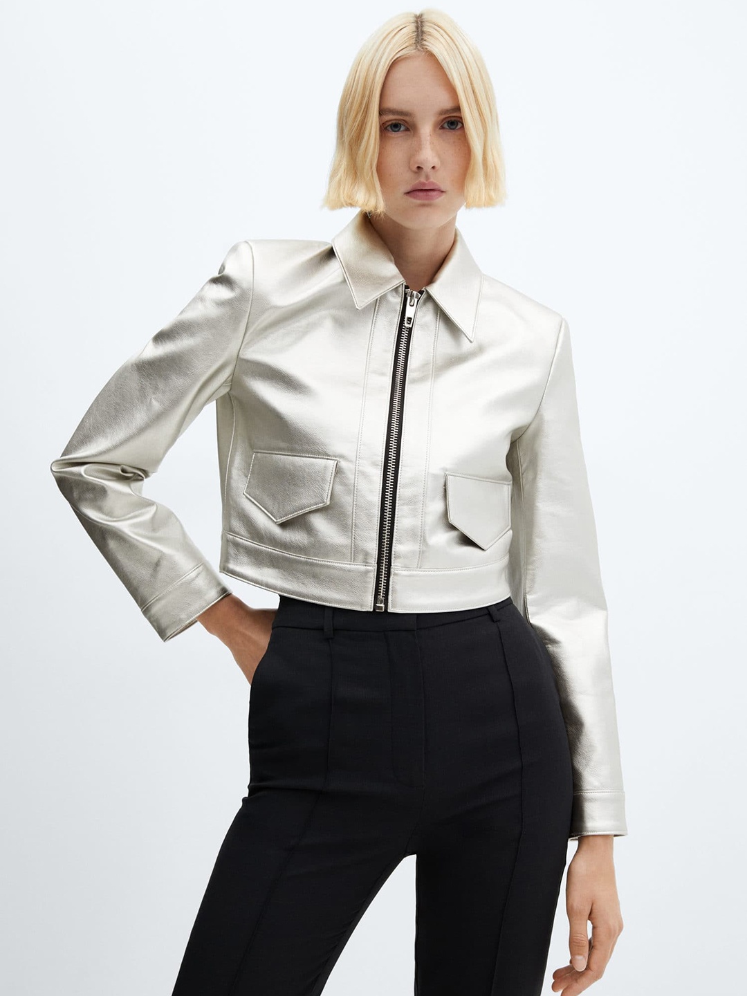 

MANGO Metallic Finish Tailored Cropped Jacket, Silver