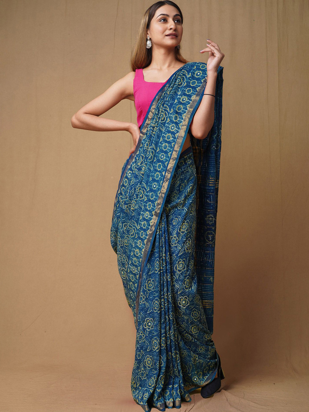 

Unnati Silks Ethnic Motifs Embroidered Art Silk Handloom Chanderi Saree, Blue