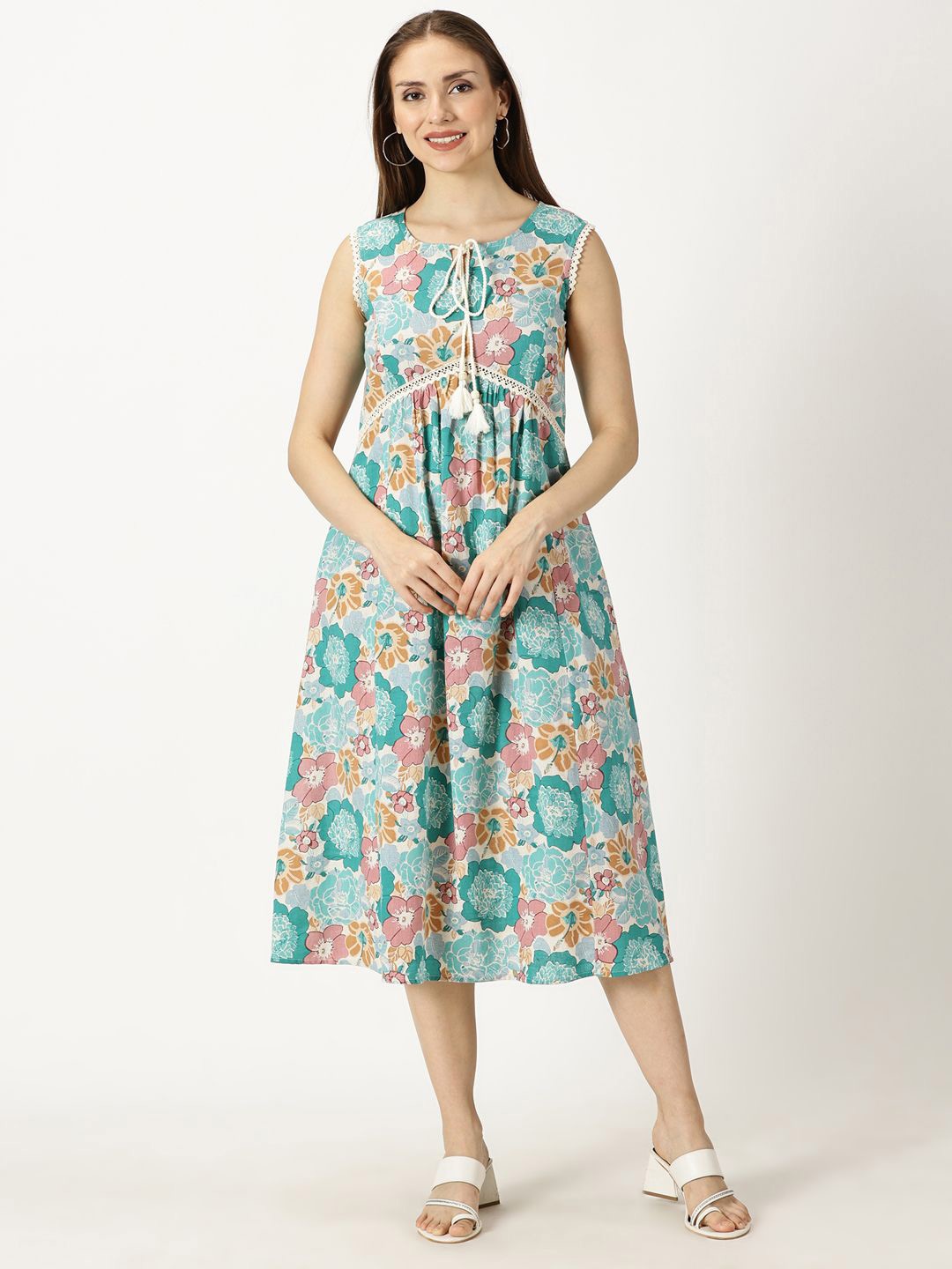 

Saffron Threads Floral Printed Fit & Flare Midi Dress, Turquoise blue