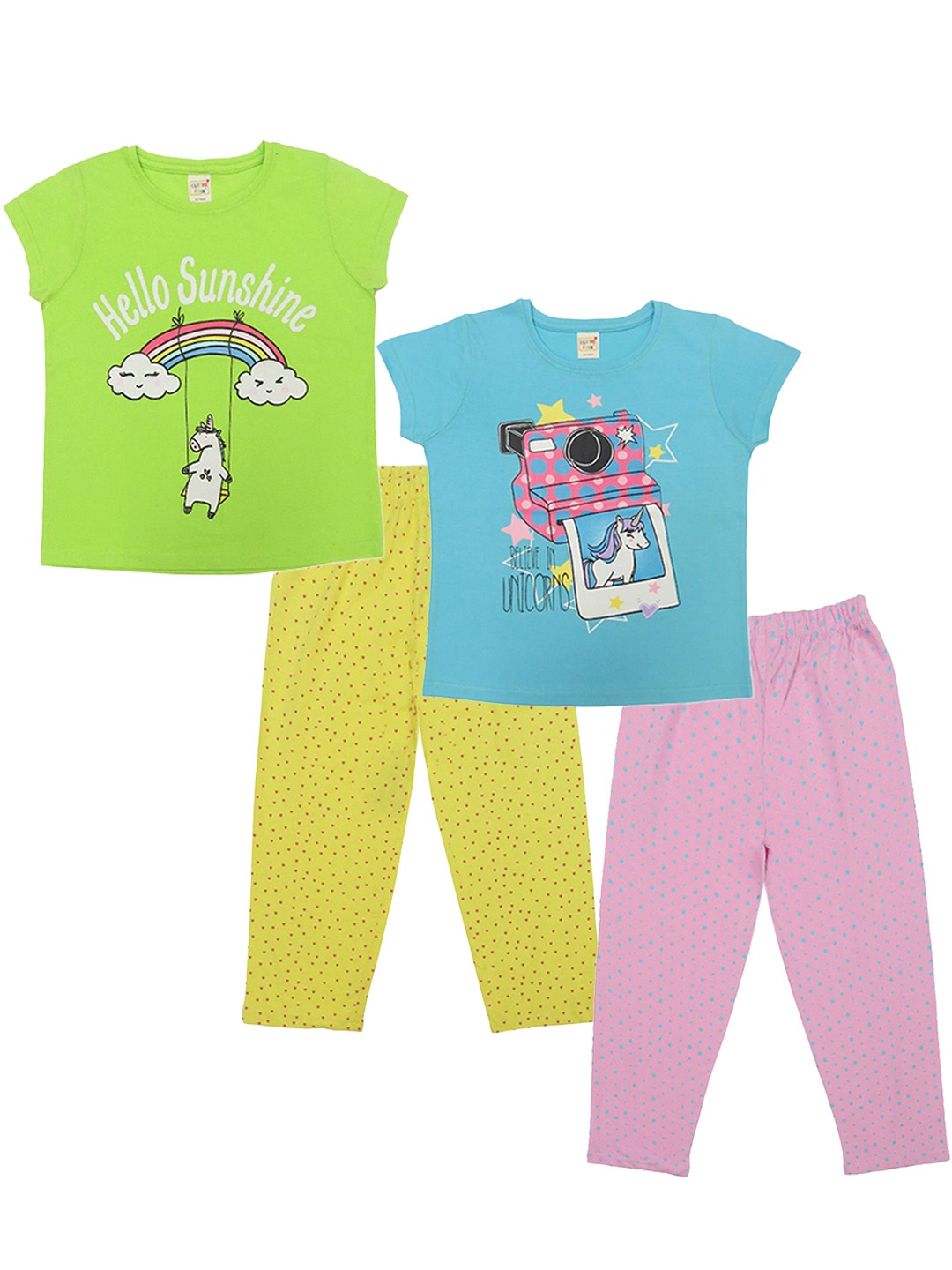 

Clothe Funn Girls Pack of 2 Pure Cotton Printed T-shirt with Pyjamas, Blue