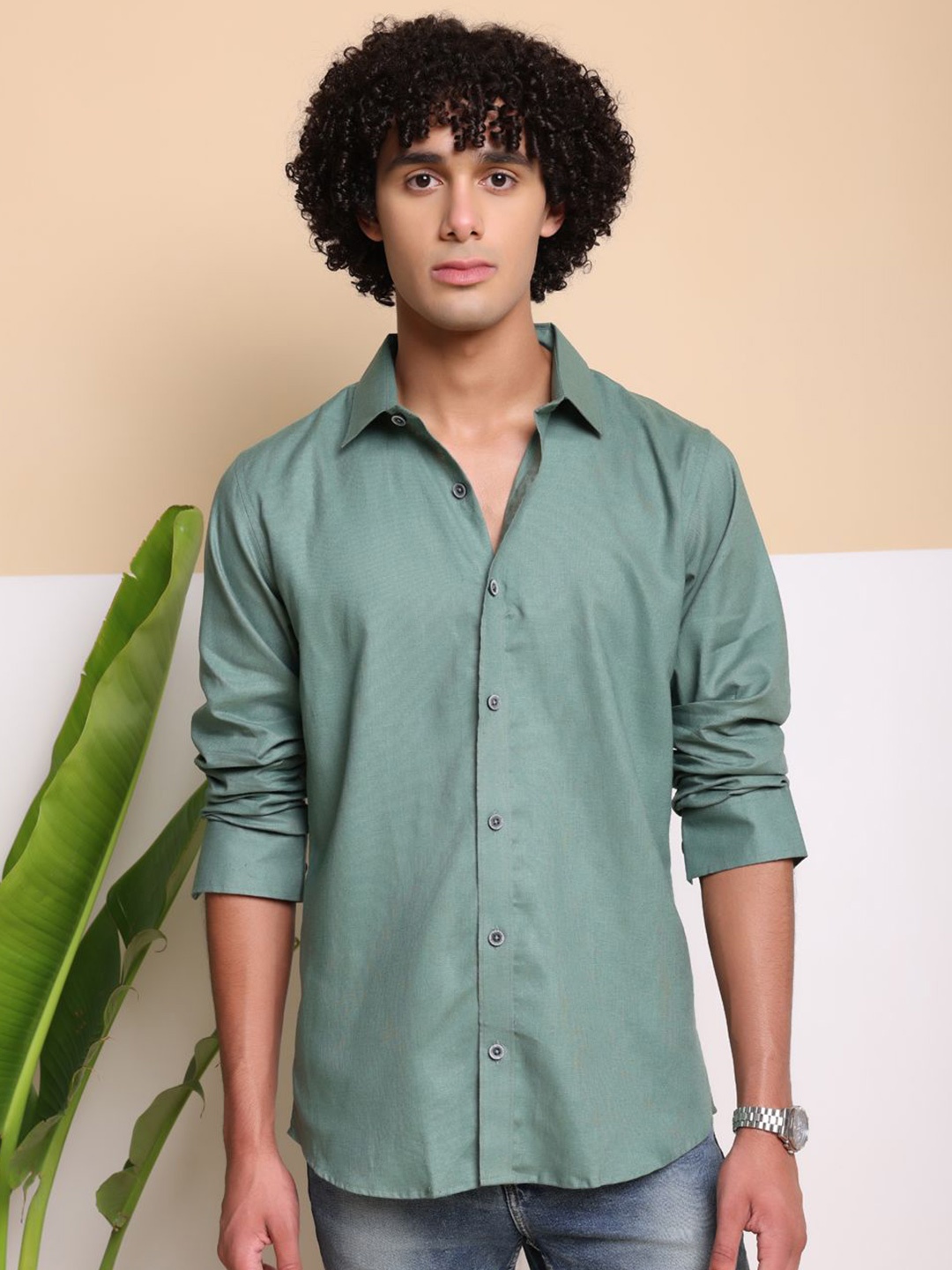 

FILO HEVIS Men Solid Spread Collar Linen Casual Shirt, Green