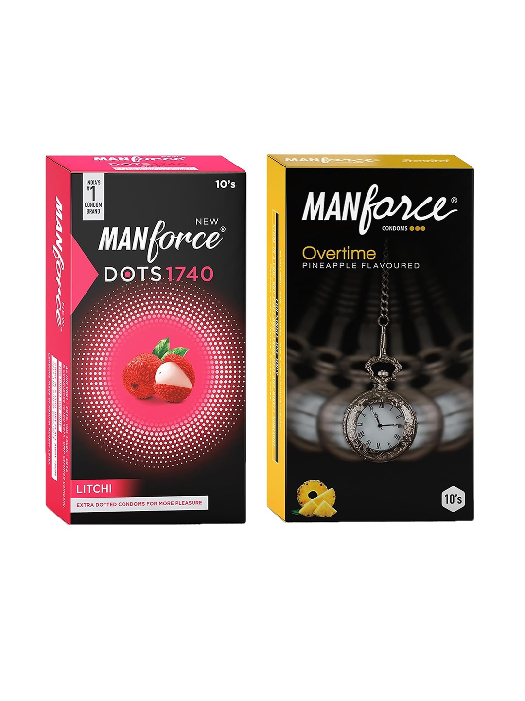 

Manforce Men Set Of 2 Overtime Pineapple and Litchi Condoms - 10 Pcs Each, Black