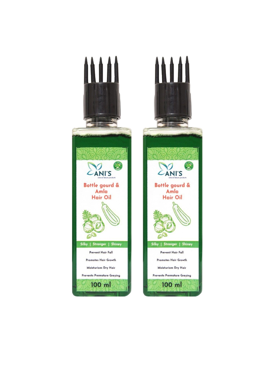 

ANI'S Set Of 2 Bottle Gourd & Amla Hair Oil For Strong & Silky Hairs - 100ml Each, Green