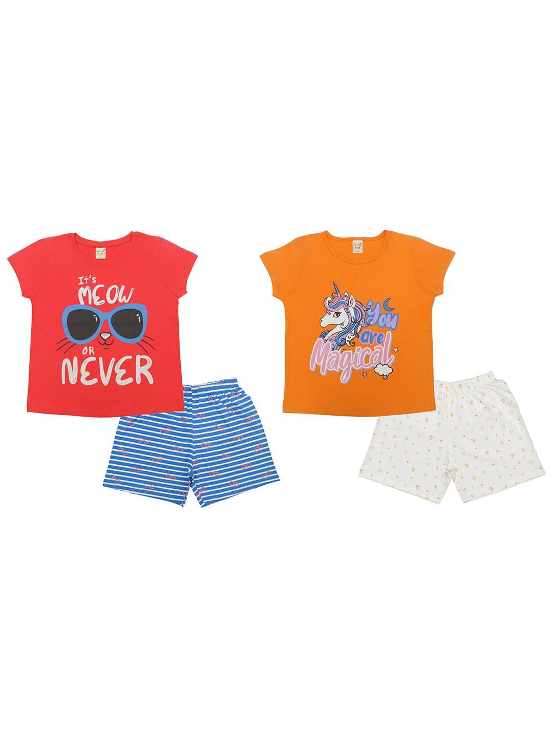 

Clothe Funn Girls Set Of 2 Printed Pure Cotton T-shirt With Short, Red