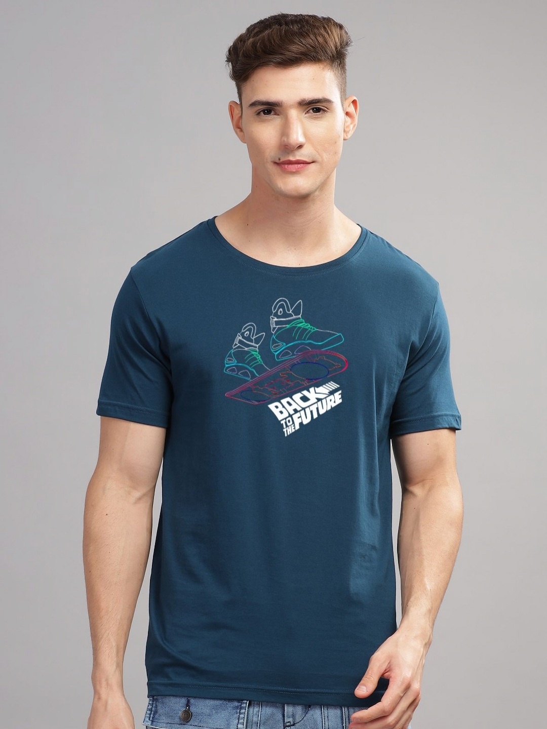 

ADRO Men Typography Printed Tropical Raw Edge T-shirt, Teal