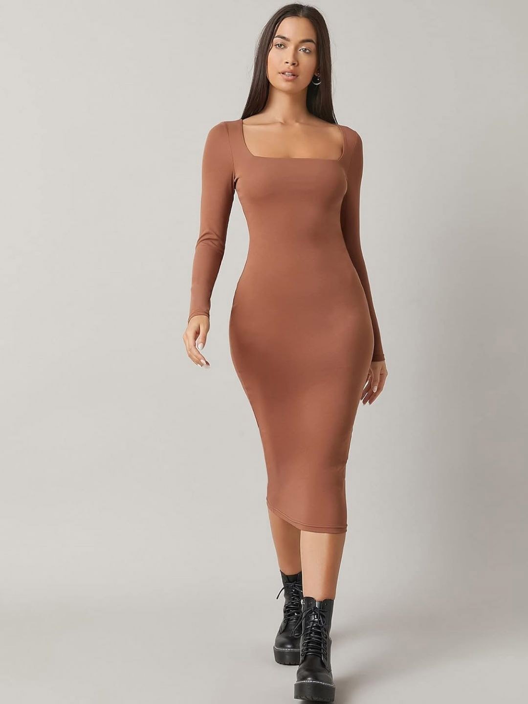 

StyleCast Square Neck Solid Long Sleeves Bodycon Midi Dress, Brown