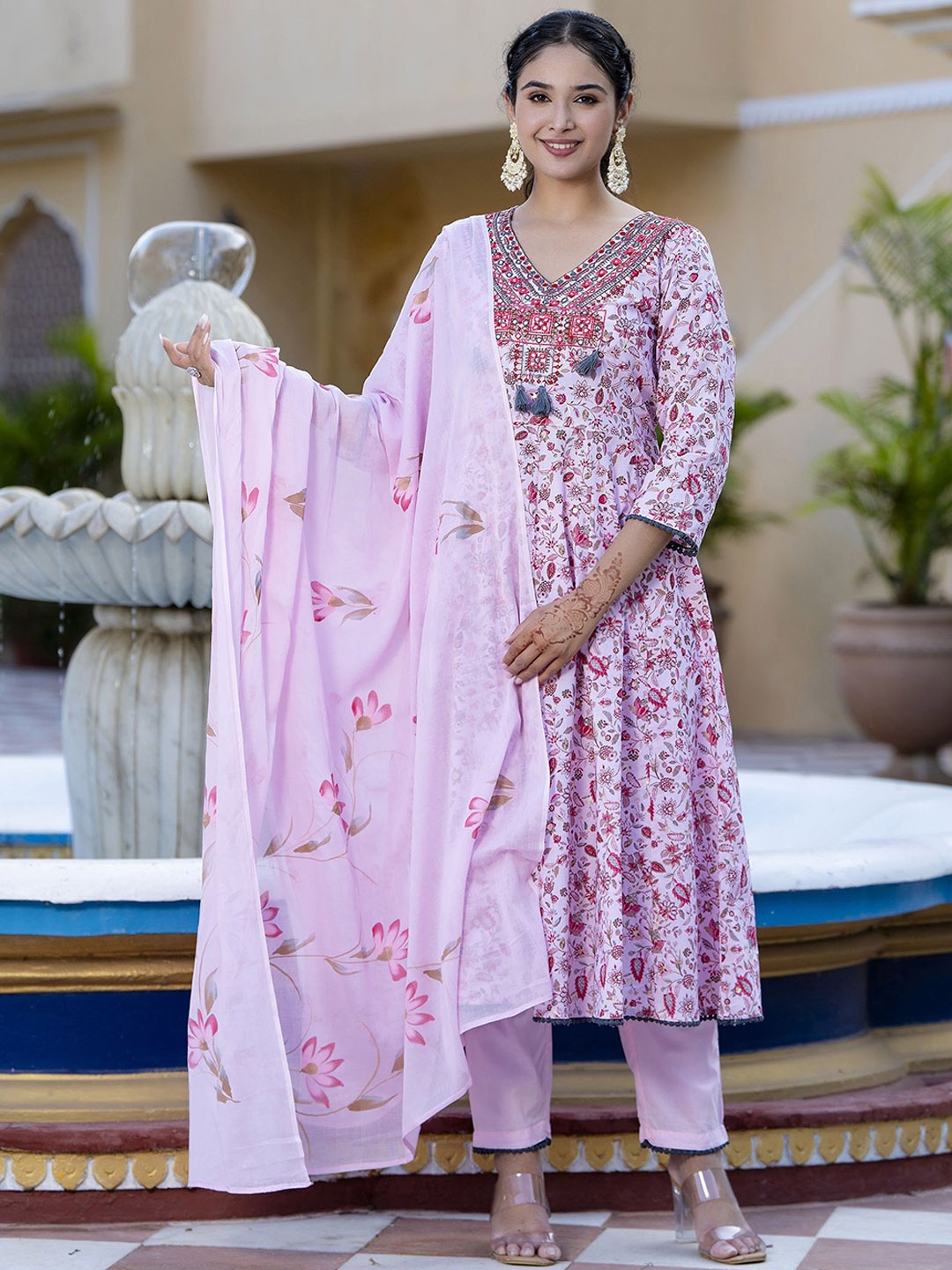 

Charu Floral Printed Pure Cotton Kurta with Trousers & Dupatta, Pink