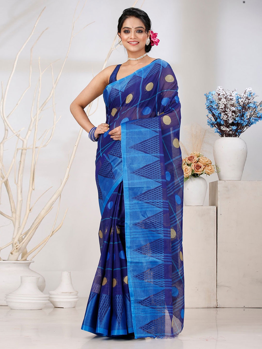 

PuJoy Woven Design Pure Cotton Taant Saree, Blue