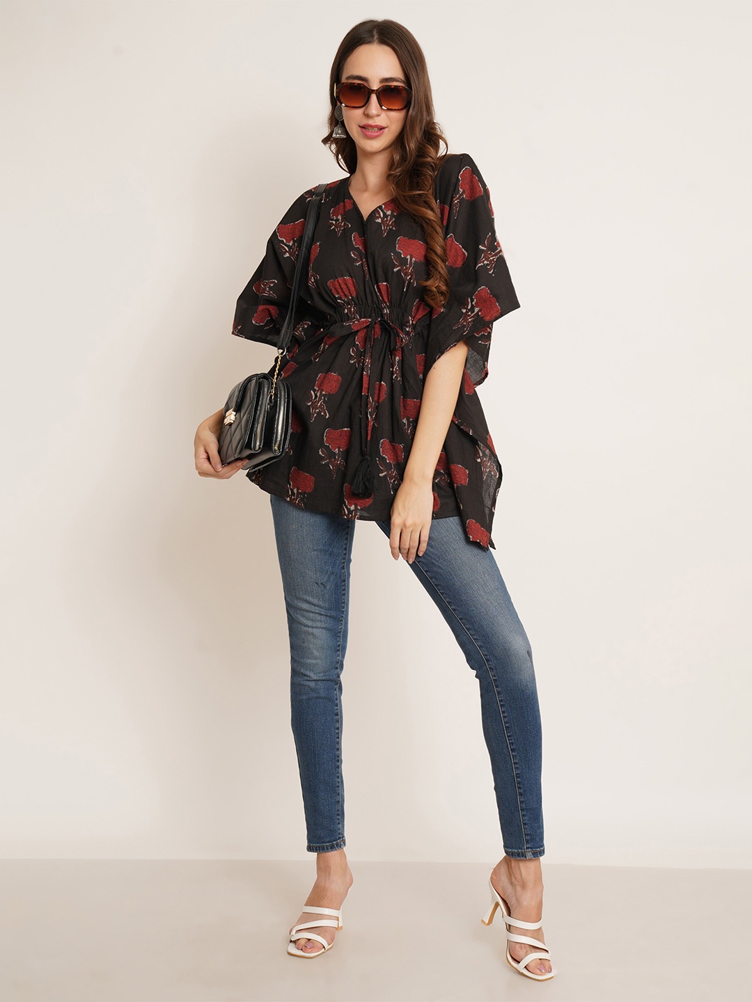 

KALINI Women Floral Printed V-Neck Pure Cotton Top, Black